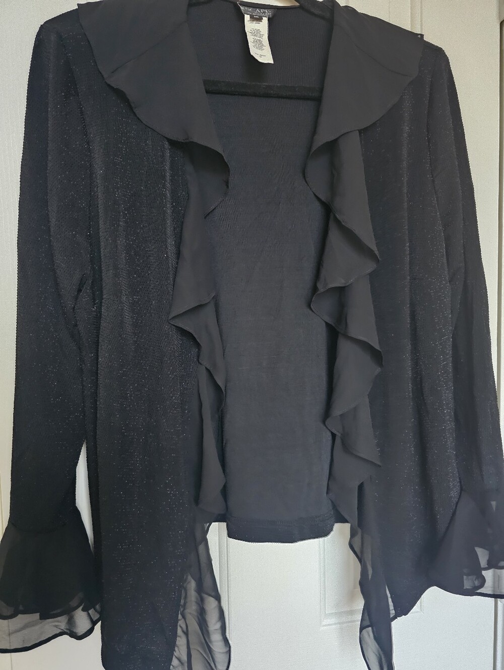 Xscape Black Ruffled Open-Front Cardigan with Sheer Ruffle Trim - Picture 2 of 8